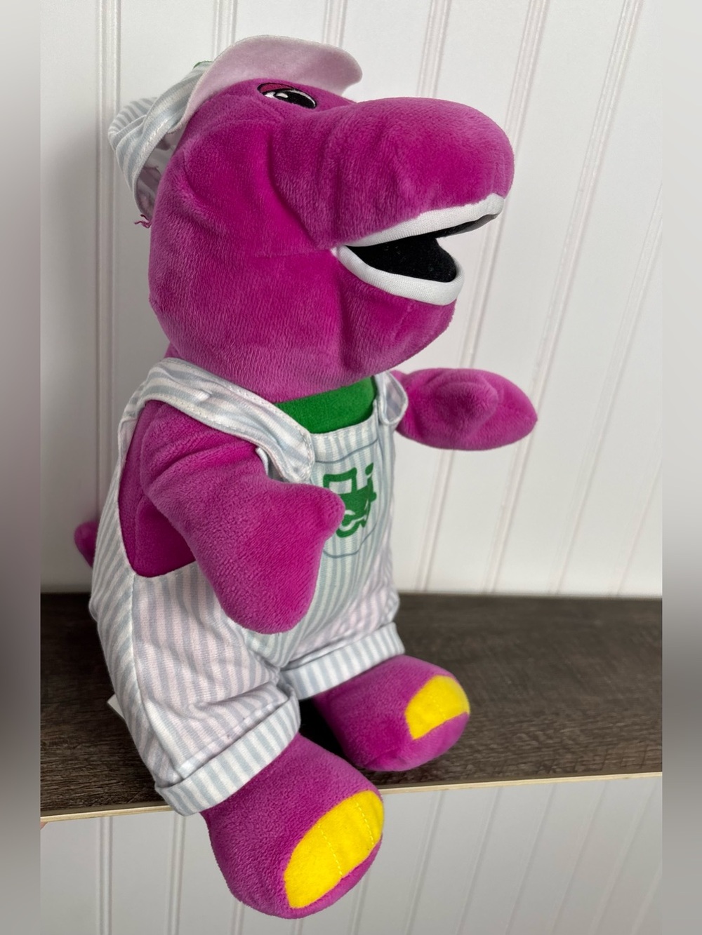 Fisher-Price Barney Train Conductor Plush Toy Stripe Overalls Barney & Friends